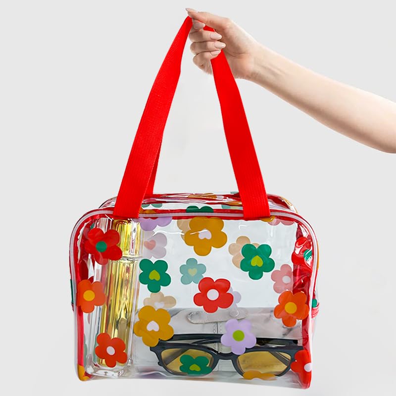 TotePrint Clear Floral Hand Bag and Travel Cosmetics Pouch with Handle,Durable Waterproof PVC Versatile Smooth Zipper Design (Red+Green+Yellow)2