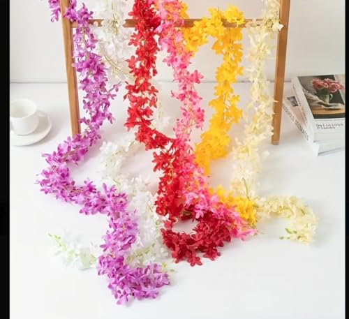 Image of VRB Dec 2 Pcs Artificial Flowers Vine Silk Wisteria Garland Fake Ivy,(6 ft Long) Wedding Decoration Diwali /Ganpati /Christmas Decorations Fake Daisy Floral Vine Silk Hanging Flower for Home (Red)