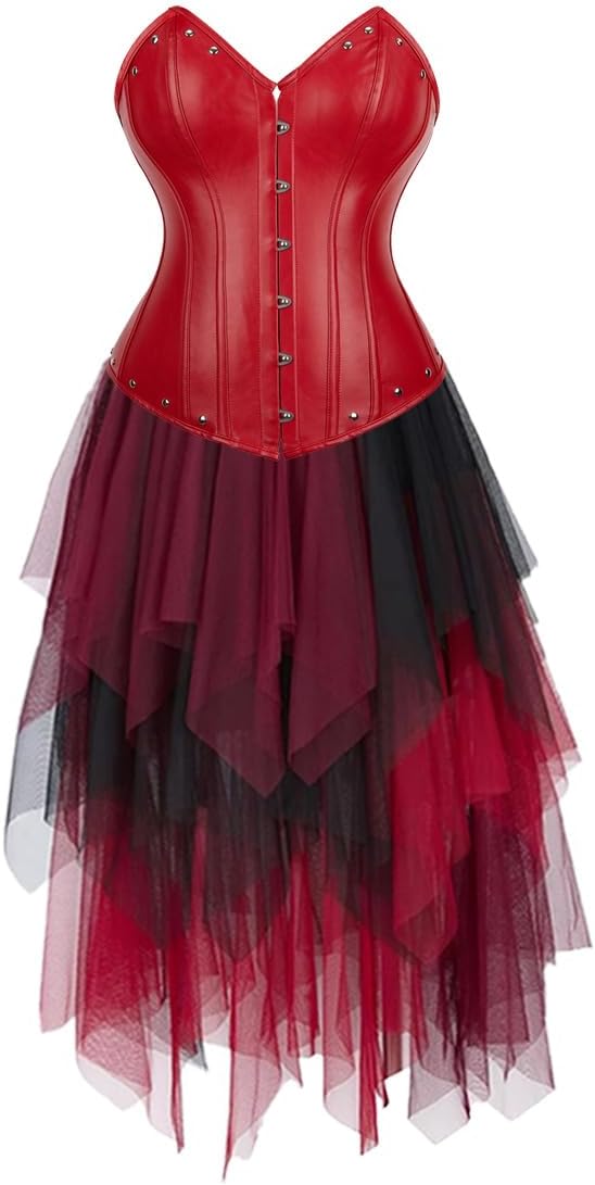 Jutrisujo Corset Dress Women Renaissance Multi Layer Skirt Tulle Lace pu Bustier Gothic Lingerie Plus Size Burlesque