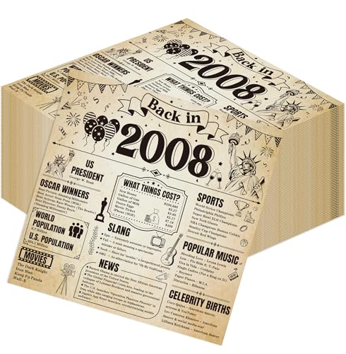Hokinaa 18th Birthday Party Decorations - 50 Pcs Vintage Newspaper Back in 2008 Paper Napkins Set Disposable Happy Cheers to 18 Year Old Dinner Cocktail Table Lunch Decor Supplies for Men Women Guest