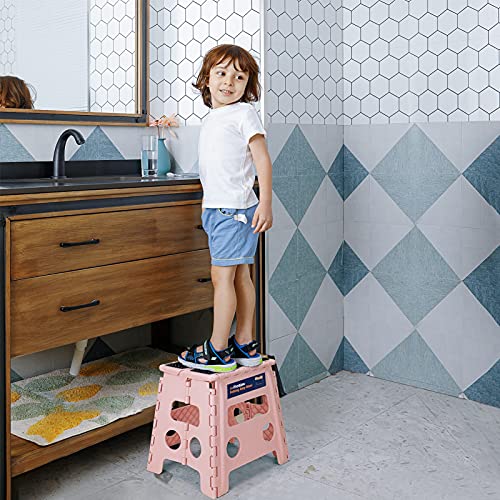 Image of Flottian 13 inch Folding Step Stool for Adults and Kids Holds Up to 300 lbs,Non-Slip Folding Stools with Handle, Compact Plastic Foldable Step Stool for Bathroom,Bedroom, Kitchen,Sakura Pink,1PC