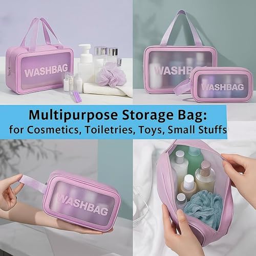 Image of Wazdorf Cosmetic Pouch Bag - Large Waterproof Wash Bag with Handle, Translucent Cosmetic Organizer for Makeup, Brushes & Accessories - Unisex Storage Pouch for Travel & Bathroom Use (Purple -3 Pcs)