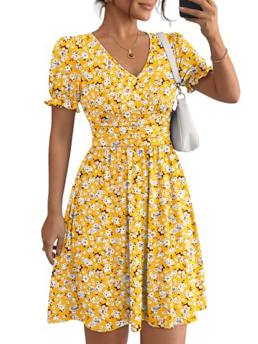 LILLUSORY Summer Dresses for Women 2026 Short Sleeve Floral Aline Dress with Pockets Boho Flowy Sundresses Yellow Floral XL