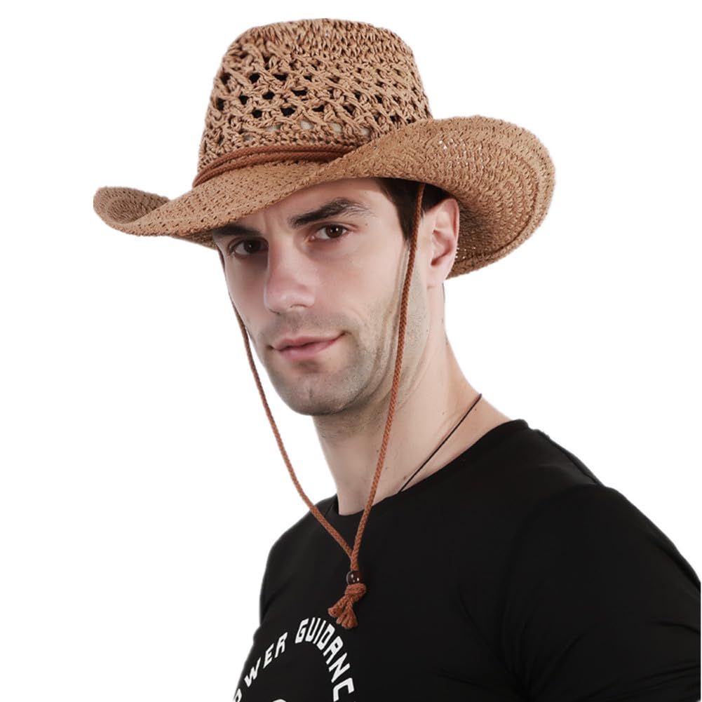 Unisexe Chapeau de Paille Été Réglable Chapeau de Cowboy Ajouré Panama Western Pliable Chapeau de Soleil pour Plage Voyage Vacances Camping Pêche Large Bord Anti-UV Homme Femme Casquette Visière