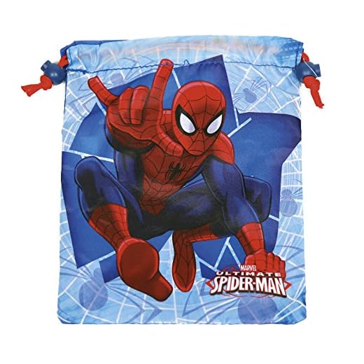 PERLETTI - Saco Lonchera Niño Marvel Spiderman - Bolsita Escolar Porta Alimientos Estampado Hombre Araña - Bolsa de Cincha Zapatos con Cordón de Viaje Escuela - Rojo y Azul - 23x20 cm