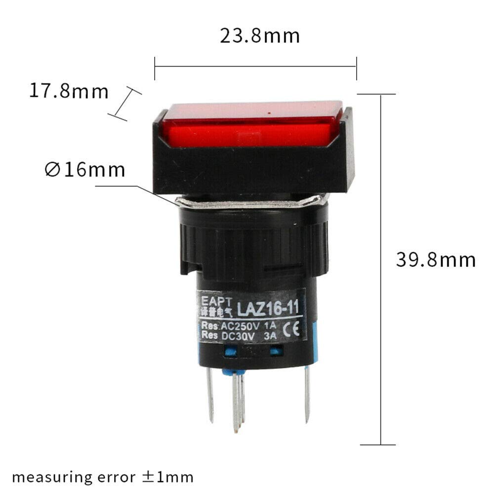 Momentary Push Button Switch, 5 Pins Mini Momentary Switch for 16mm Diameter Mounting Hole (DC 12V - Red, 5Pcs) - Image 4