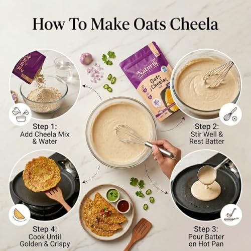 Image of The Naturik Co Chilla Mix | Oats Cheela Mix | No Maida No Palm Oil High Protein Gluten Free & Fiber Rich Breakfast | 200g Ready to Cook Chila /Dosa Mix | Lentils & Millets Protein Chilla Mix