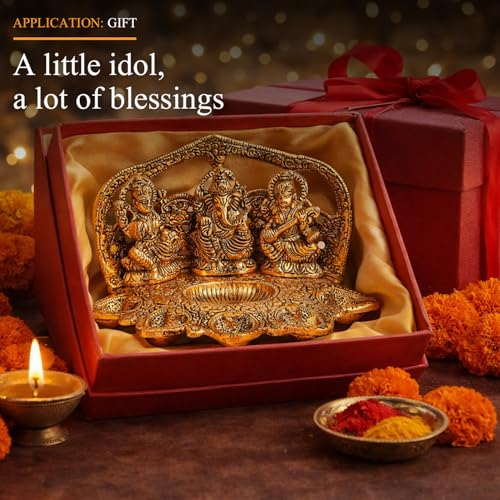 Image of Klassic Laxmi Ganesh Saraswati Idol Diya Oil Lamp | Elegant Metal Puja Deepak for Home Temple, Diwali Puja & Festive Decoration | Traditional Spiritual Showpiece & Gift Item (Pack of 1)