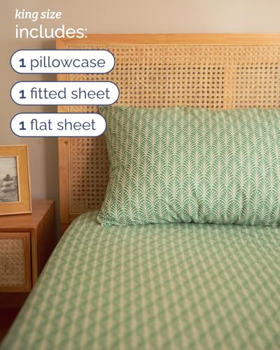 Image of King 4 Piece Floral Sheet Set - Soft, Breathable & Cooling - Sage Fan Leaf | 1 Flat, 1 Fitted & 2 Pillowcases w / Deep Pockets, Boho Botanical Floral Bedding, Breathable & Cooling, Wrinkle & Fade Free