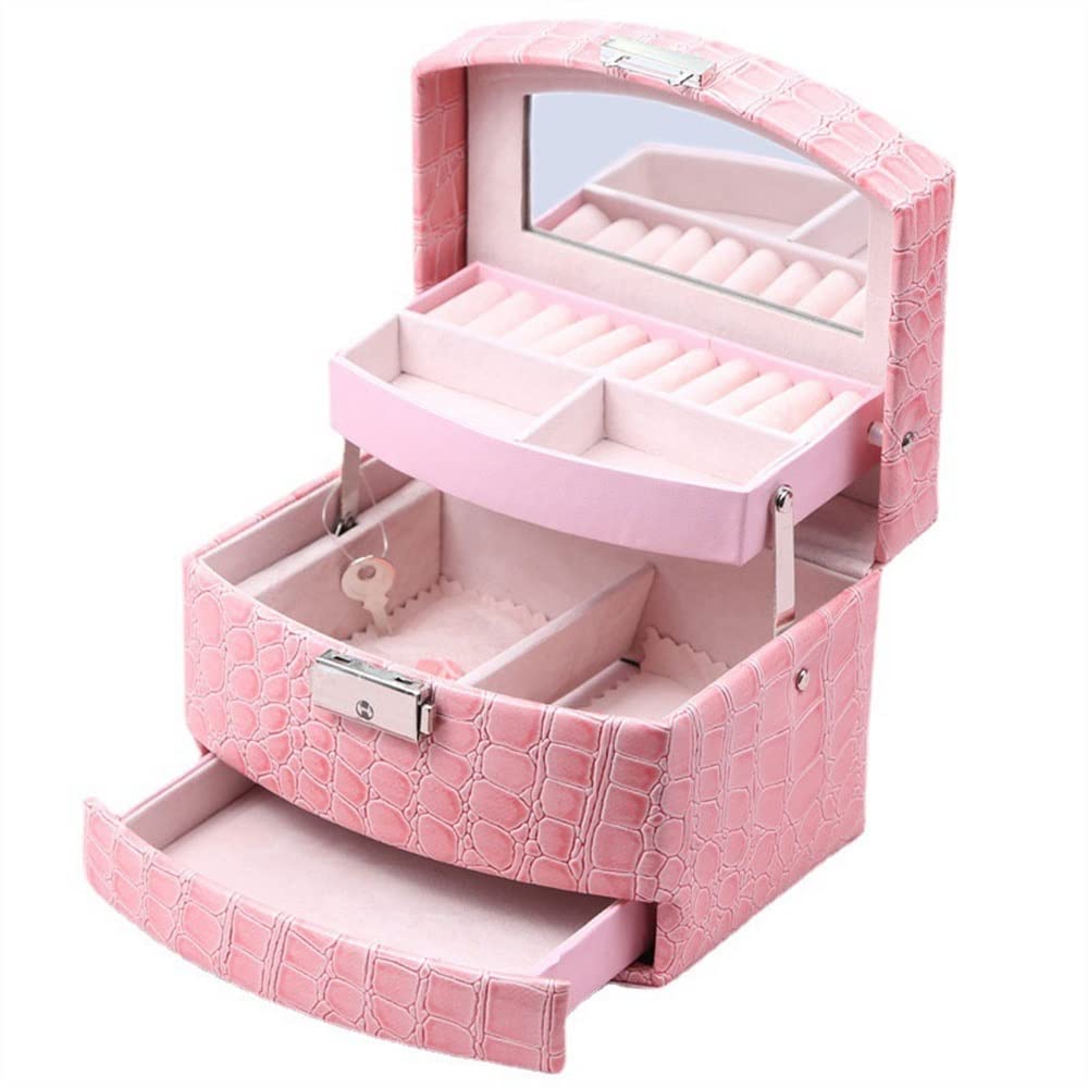 TIANQIHAO Portable Jewelry Box, Jewelry Box For Women Girls, 3 Layer Jewelry Organizer Box, Travel Jewelry Case, Pu Leather Jewelry Box Organizer,Pink