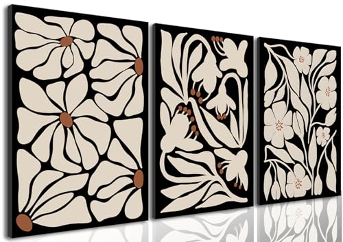 Black Boho Flowers Wall Art Set of 3, Abstract Botanical