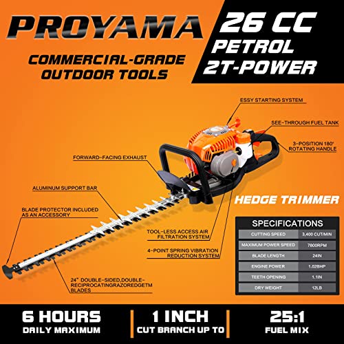 Proyama 24-Inch 26Cc 2 Cycle Gas Powered Dual Sided Hedge Trimmer With Rotating Handle 2-Year Warranty Less Weight Less Fatigue Suitable For Gardener Professional Landscaper Home User #TOP1