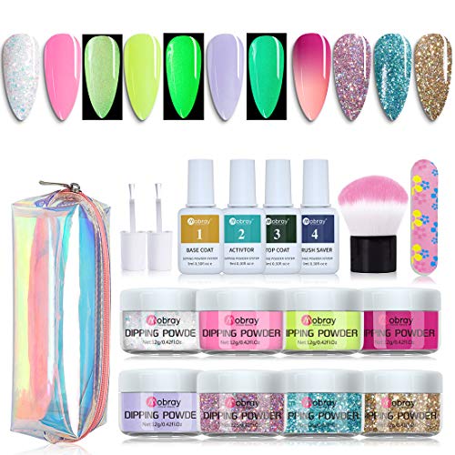 Mobray Dipping Powder Nail Kit 8 Colors Luminous or Color Changing or Glitter Dip Powder System Starter Kit for French Nail Manicure Nail Art Set, No UV/LED Nail Lamp Needed(Kit 2)