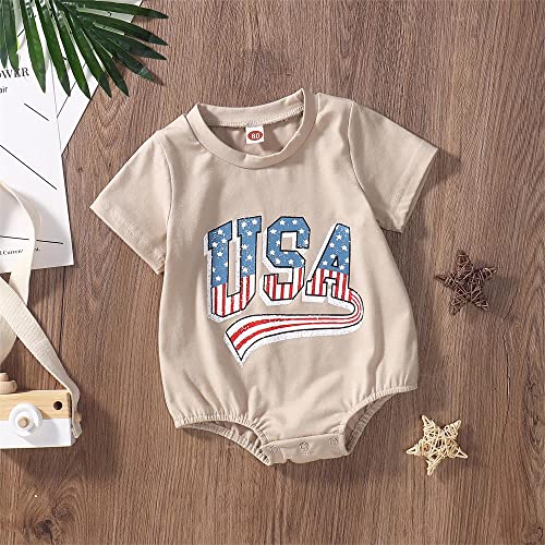 Gliglittr Toddler Infant Baby Boy Girl 4Th Of July Outfit Oversized Romper/Usa Shorts Set American Flag Matching Clothes(B Khaki Romper,6-12Months) #TOP6