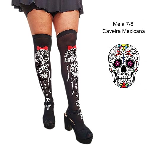 Meia 7/8 Longa Adulto Festa Fantasia Halloween Cosplay: Modelo Caveira Mexicana