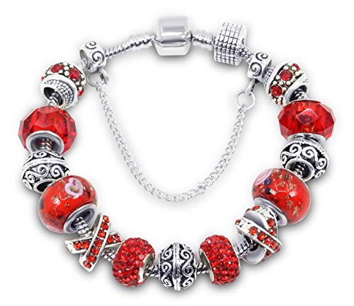 Savlano Silver Tone Red Charm Bracelet with Crystal and Murano