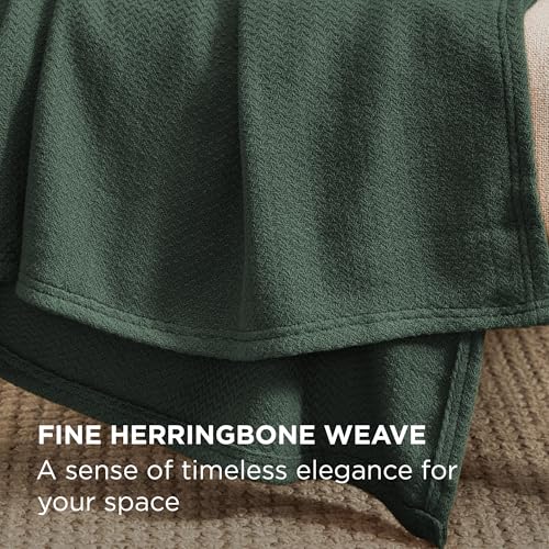 Image of Bedsure 100% Cotton Blanket, Herringbone Weave, Throw XL, Dark Green