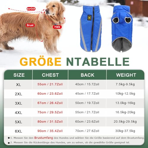 Voarge Wasserdichter Hundemantel Winter Warme Jacke, Reflektierende Verstellbare Outfit Winter Jacke für kleine mittelgroße Hunde mit Geschirrloch (Blau, 3XL)