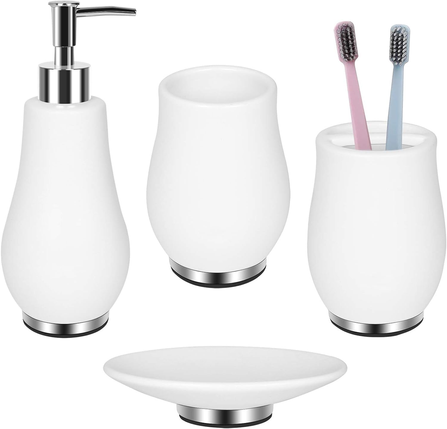 Bathroom Accessories Set 4 Pcs Toothbrush Holder Soap Dispenser Ceramic Bathroom Accessory Set with Toothbrush Cup Soap Dish Tumbler White