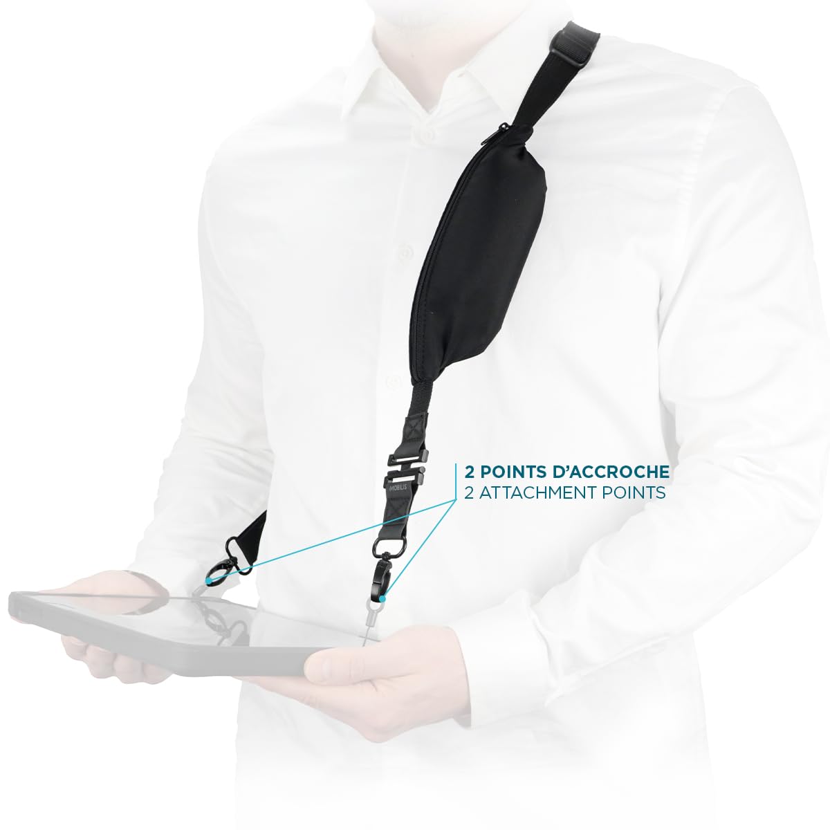 MOBILIS Bandoulière Universelle avec Système de Détachement de Sécurité & Poche de Rangement Extensible, 2 Points A'accroche, Sangle Haute Résistance