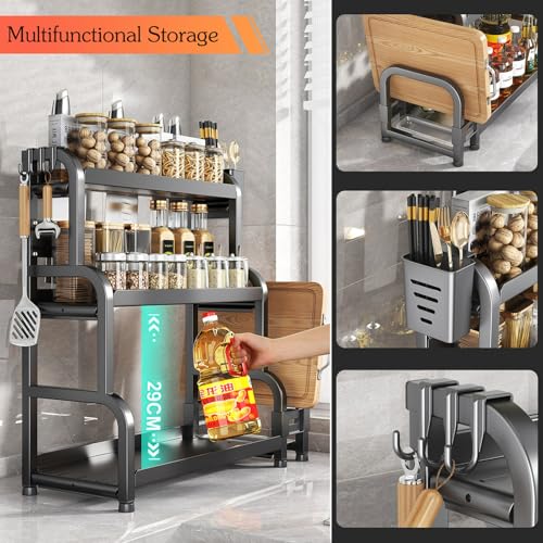 Organizador de especias, estante de almacenamiento de cocina de acero al carbono de 3 niveles, estante alto para especias con barandilla para uso en encimera y gabinete, duradero y funcional