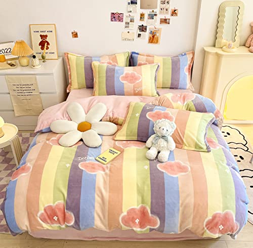 Morromorn Twin Bedding Sets, Rainbow Stripe Duvet Cover Set With Pillow Sham, Cute Pink Bed Set Multi Color Fuzzy Comforter Covers - Kawaii Super Soft Blanket For Girls Kids Teen Twin/Twin Xl Size #TOP24