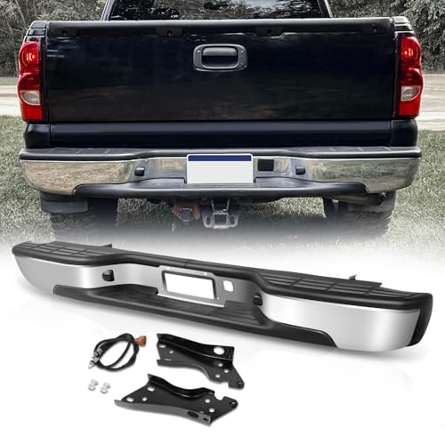 Auto Dynasty Rear Step Bumper Assembly Compatible with 1999-2006 Chevy Silverado GMC Sierra 1500 2500 2007 1500 Classic Fleetside/Styleside Bed Non Parking Sensor Hole Chrome