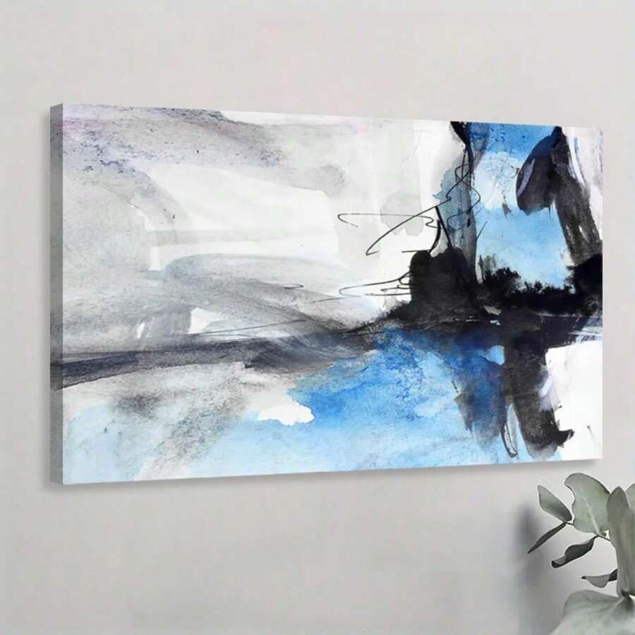 Tableau abstrait moderne sur toile bleu gris noir 60x80cm pour décoration salon