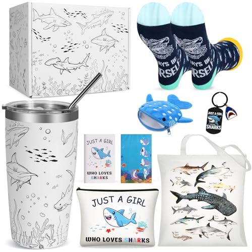 Shark Gifts for Women 9 Pcs Shark Lovers Gift for Girls Including Tumbler Tote bag Makeup Bag Shark Coin Purse Socks Notepad Keychain Gift Card for Christmas Birthday Mothers Day
