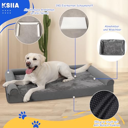 KSIIA Hundebett Grosse Hunde, Orthopädisches Hundebetten 111x81x18cm Hundesofa Bezug abnehmbar waschbar, XL Hundekorb mit DREI erhöhte Ränder, Hundecouch rutschfeste Unterseite, Grau