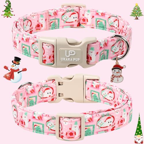 Image of Christmas Dog Collars - Lovely Pink Snowman and Lantern Print Dog Collar - Lightweight, Adjustable Collar for Small to Large Dogs XS