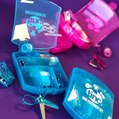 Tinc - Mini Büroset - Kompaktes Set mit Mini-Heftgerät, Klebebandabroller, Schere, Anspitzer und Enthefter - Praktische Bürobedarf für Schule und Zuhause - Blau