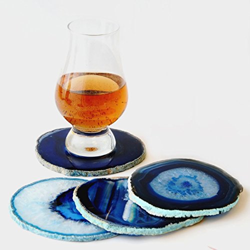 Agate Coaster Cup Mat Blue Colour 3.5 Inches - 4 Inches Natural Beautiful Blue Crystal Gemstone Agate Beverage Coasters for Drinks Gift Set of 4 with Feet
