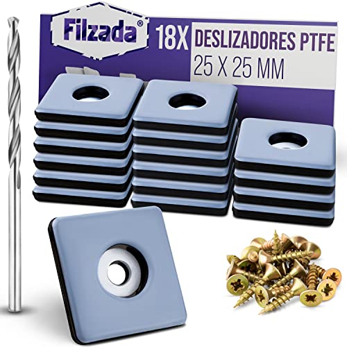 Filzada® 18x Almohadillas de Teflón para Muebles atornillar - 25 x 25 mm (cuadrado) - Deslizadores de muebles/deslizadores de alfombras PTFE (Teflón) incl. tornillos Cover