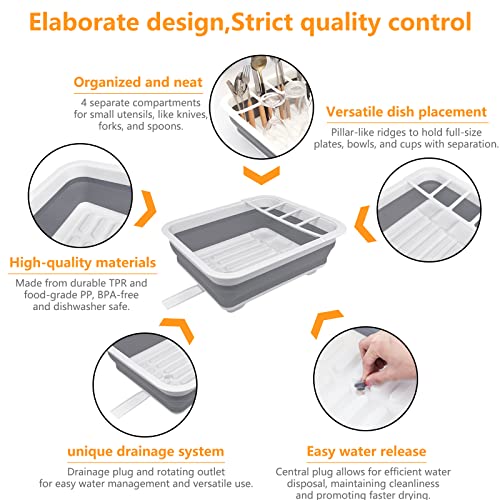 Goderewild Collapsible Dish Rack for Drying Dish,Space-Saving Foldable Dish Drainer - Dinnerware Storage Organizer for Kitchen Counter (Grey-drain plug-A) - Image 3