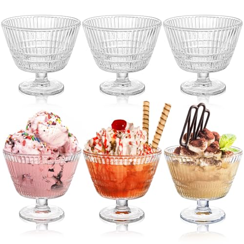Nagpew 6 Pack Glass Dessert Bowls Set, 10 Oz Vintage Ice Cream Cups with Pedestal, Fluted Sundae Dishes Pudding Footed Bowl for Ice Cream, Dessert, Parfait, Candy, Fruit