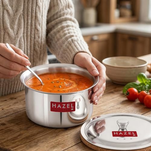 Image of HAZEL Stainless Steel Patila with Lid Cooking Vessel, 1100ml | Mirror Finish Cooking Pot | Durable Induction & Gas Compatible Bhagona /Tope for Boiling Milk, Tea, and Cooking | Silver
