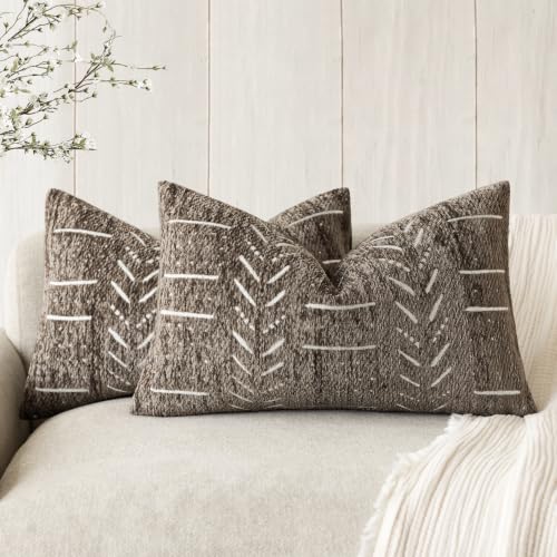 Image of Foindtower Set of 2 Decorative Chenille Jacquard Throw Pillow Covers Textured Farmhouse Lumbar Cushion Cover Neutral Coastal Boho Home Decor For Sofa Chair Couch Bed Living Room,12x20 Inch,Cocoa Brown