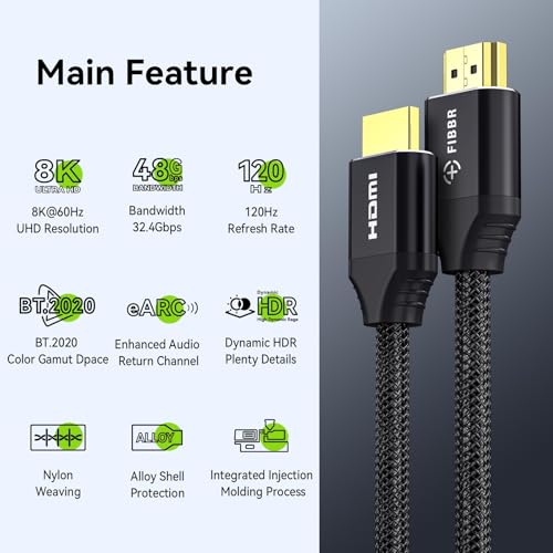 Image of FIBBR 8K HDMI 2.1 Cable 6ft /2m, 48Gbps High Speed HDMI Cord, Support 8K@60Hz 4K@120Hz 2K@240Hz eARC 3D Dynamic HDR 12Bit for PS4 /PS5 Laptop Xbox Series Standard HDMI Port