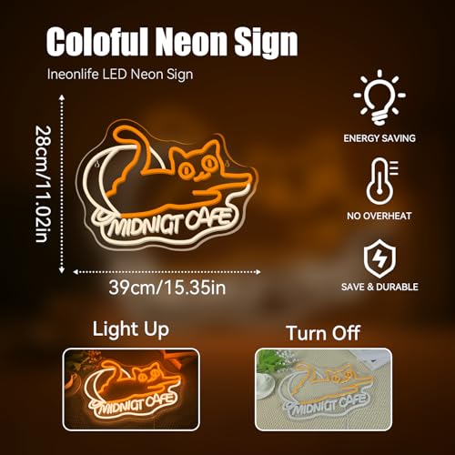 Image of Ineonlife Cat Cafe Neon Sign, Midnight Cafe LED Light for Coffee Shop Decor, Cat Neon Signs Wall Lamp for Cat Coffee Shop Dessert Bakery Cafe Bar, Acrylic Light Up Sign (15.35 inch x 11.02 inch)