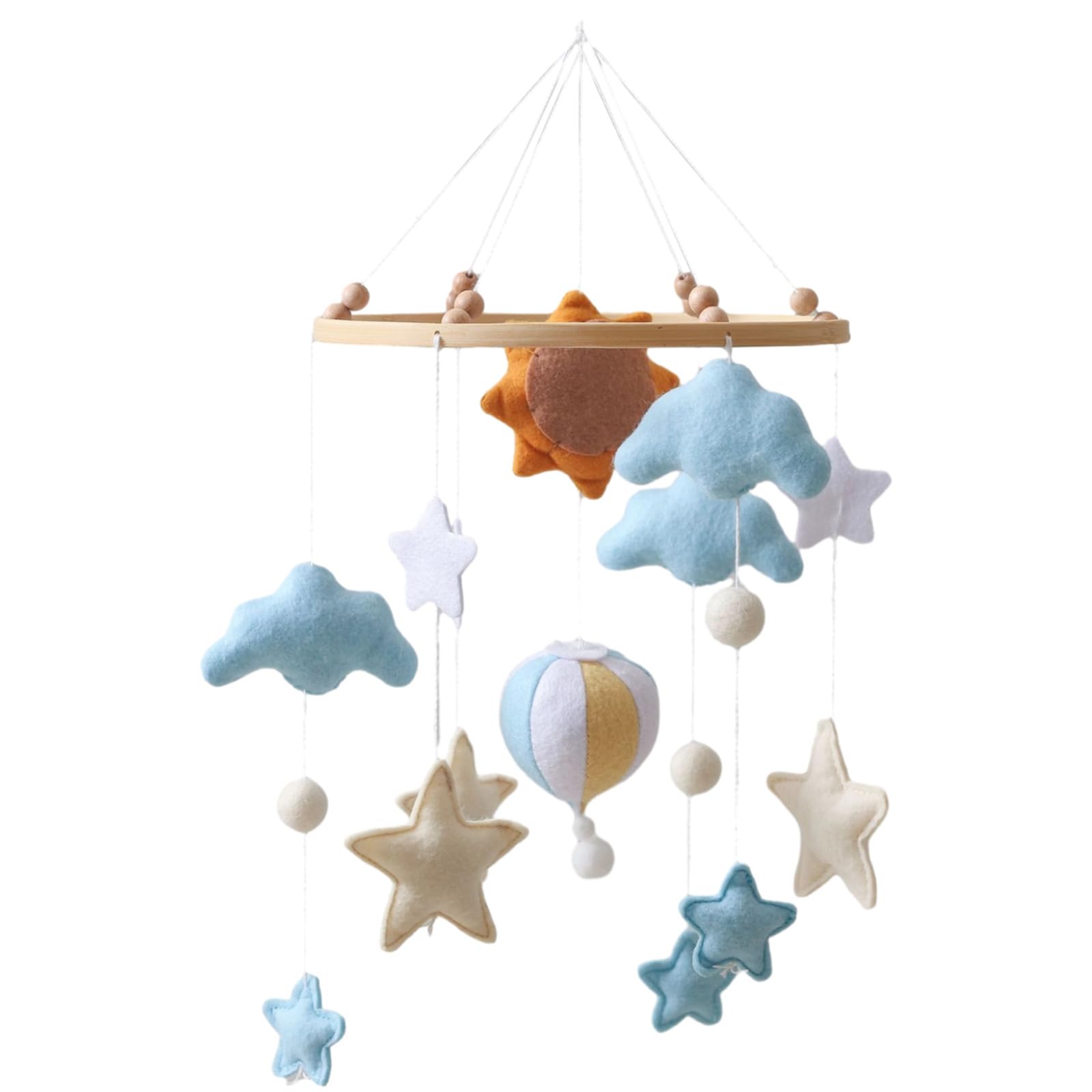 Soft Handmade Felt Sun Hot Air Balloon Crib Mobile, Hanging Cloud, Star, and Balloon Decorations, Safe for Infants, Ideal Nursery Décor