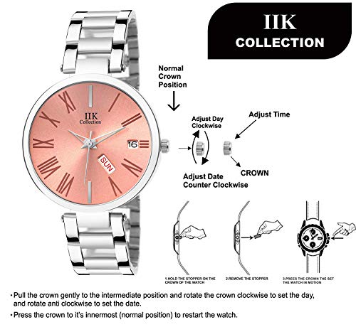 Image of IIK COLLECTION Watch for Women Round Studded Dial |Day and Date Quartz Movemnet |Long Battery Life|Stainless Steel Bracelet Chain Strap|Double Lock Clasp Safety Watches for Girls