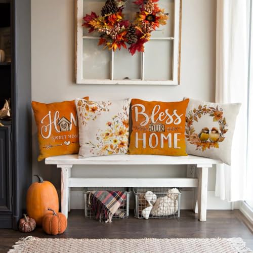 Image of RABUSOFA Fall Throw Pillow Covers 18x18 Inch Set of 4,Bird Floral Blessed Autumn Decor Thanksgiving Outdoor Orange Farmhouse Cushion Case Decoration for Home(Orange, 18 inch x 18 inch)