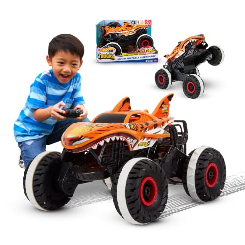 Miniatura 7 de Hot Wheels Monster Trucks Coche Teledirigido, Coche de Juguete Radio Control teledirigido Tiger Shark Unstoppable, vehículo Todoterreno, +3 años, HGV87