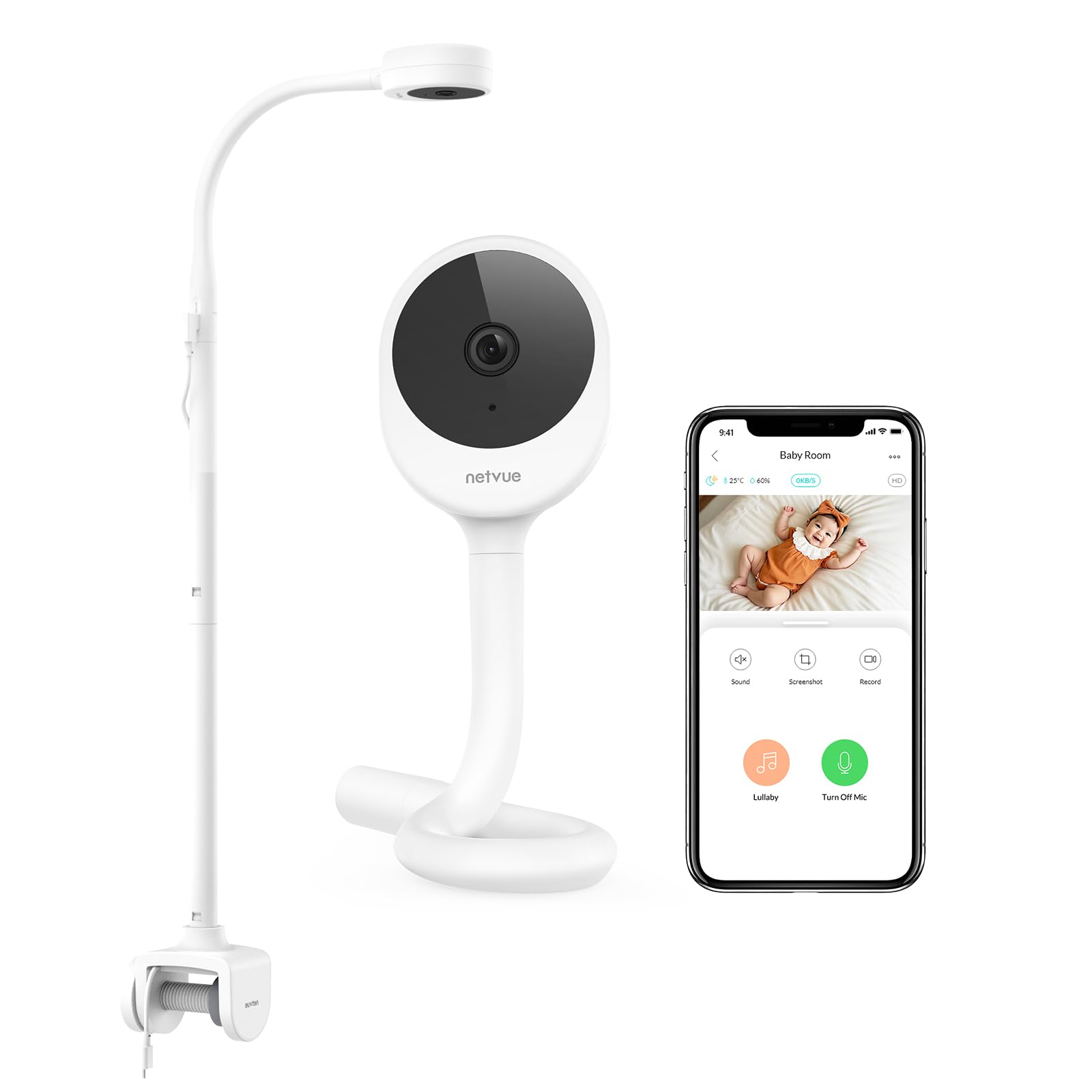 NETVUE Peekababy Baby Camera, Camera & Audio, 4-in-1 Crib Mount, Smart App, Sleep Analysis, Night Vision (White)