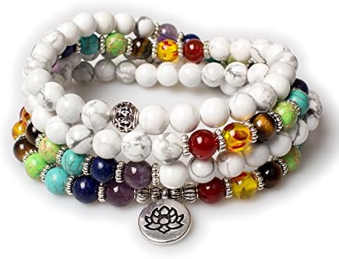 PWMENLK Lotus Pendant 7 Chakra Prayer Mala Beads 108 White Howlite Healing Gemstone Necklace Bracelet(White Howlite Lotus)