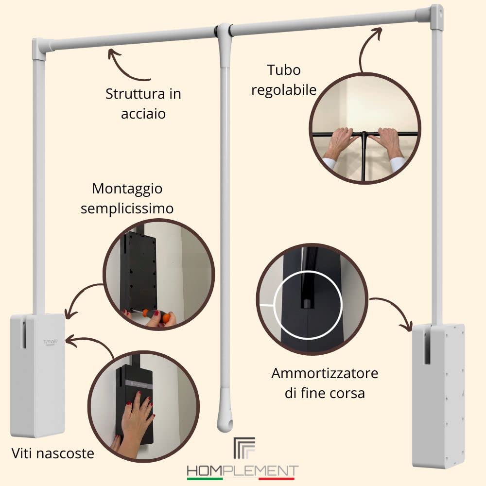 HOMPLEMENT – Appendiabiti saliscendi per Armadio – Regolabile - Portata 15 kg – in Acciaio – Montaggio Semplificato - Bloccaggio e Risalita Assistita – Ammortizzato Soft (Vano 86-115cm - Grigio)