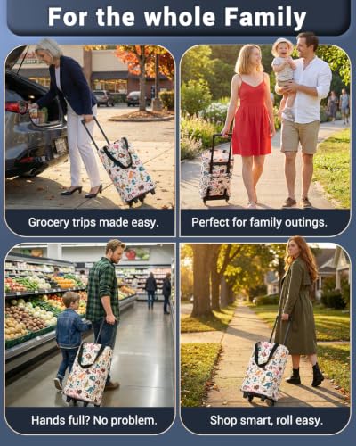 Image of Rolling Shopping Bag, Small Shopping Cart with Wheels,Collapsible Portable Waterproof Tote for Market & Grocery Runs-Gift for Women & Seniors(Cartoon)