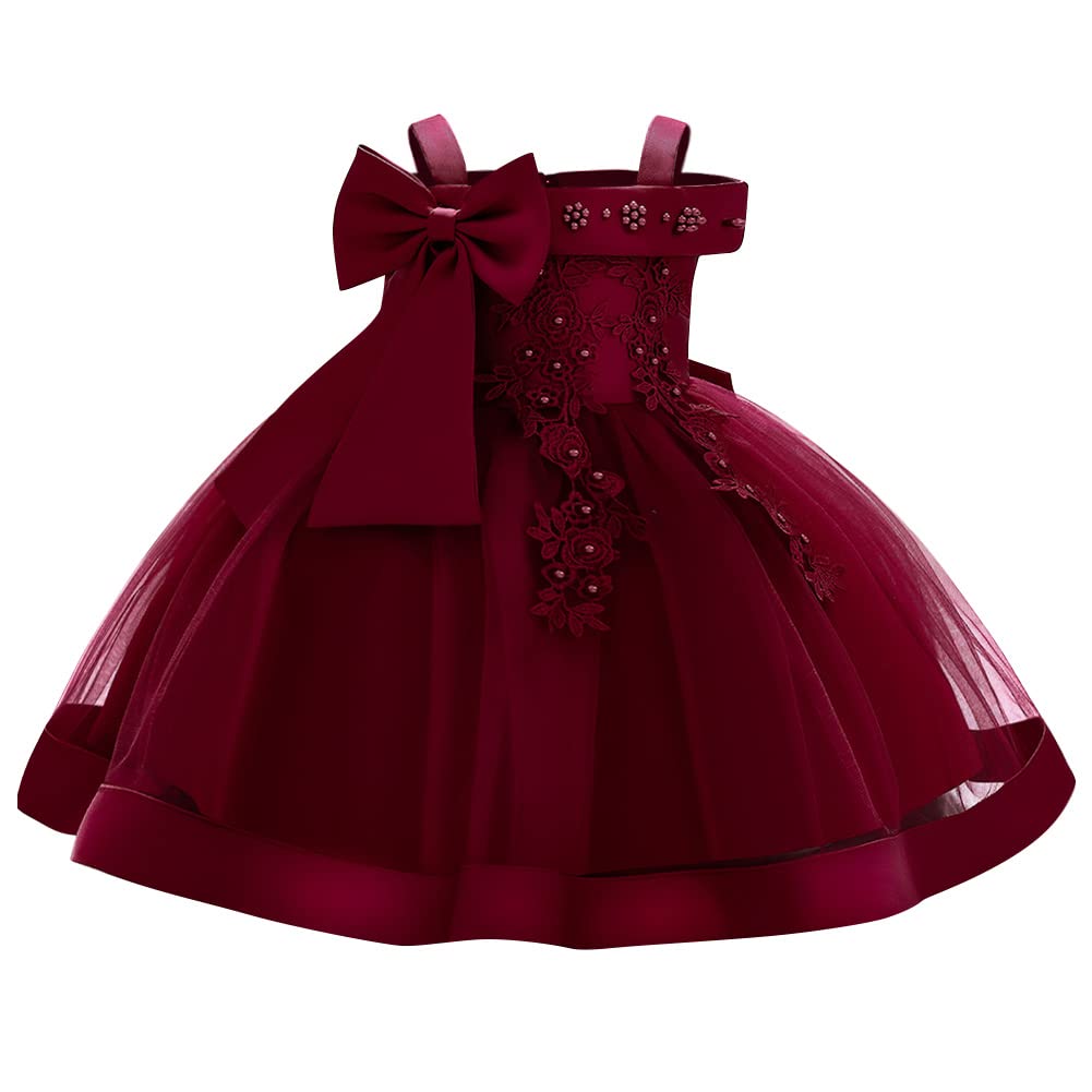 Baby Flower Girl Dress Toddler Bowknot Tulle Floral Formal Wedding Bridesmaid Dresses First Communion Baptism Church Christening Birthday Dress Tea Party Prom Ball Gown Burgundy 2-3 Years