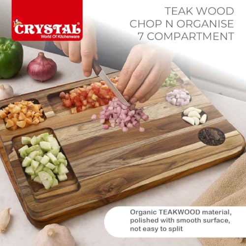Image of Crystal Teak Wood Chopping Board with 7 Compartments | Chop & Organise | Perfect for Vegetables, Fruits & Bread | Extra Large (35 * 28 * 1.8 Cm) | Handcrafted & Eco-Friendly Reversible Cutting Board